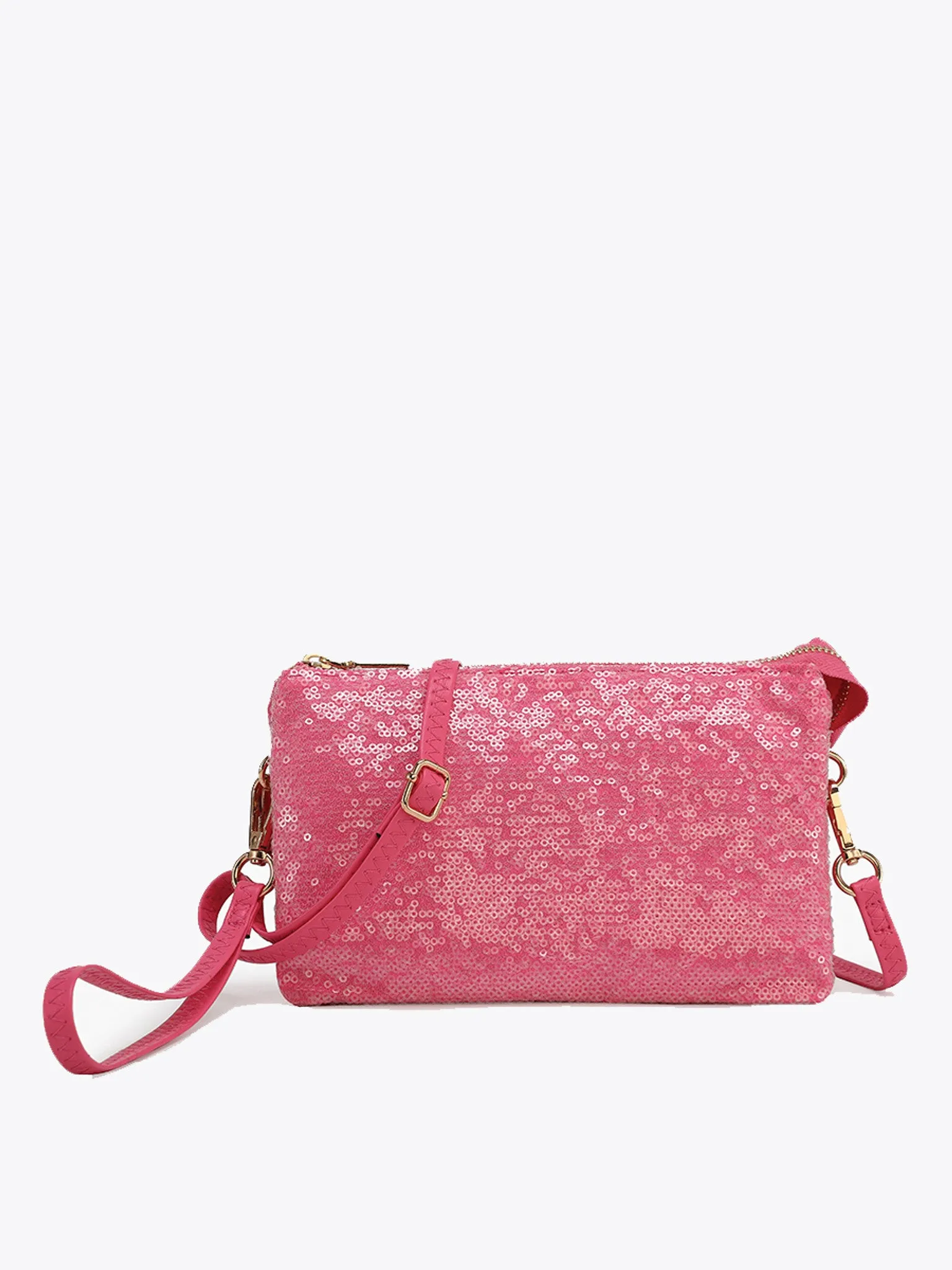 Jen & Co. Riley Sequin Crossbody/Wristlet in Hot Pink  3 Compartment Glitter Bag
