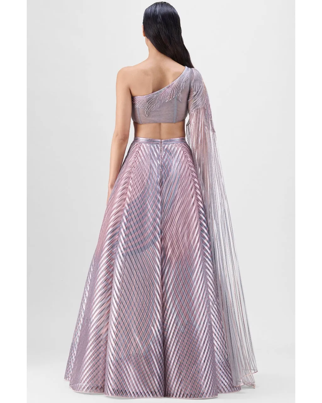 Metallic Fluted Tulle Printed Skirt And Beaded Top Set