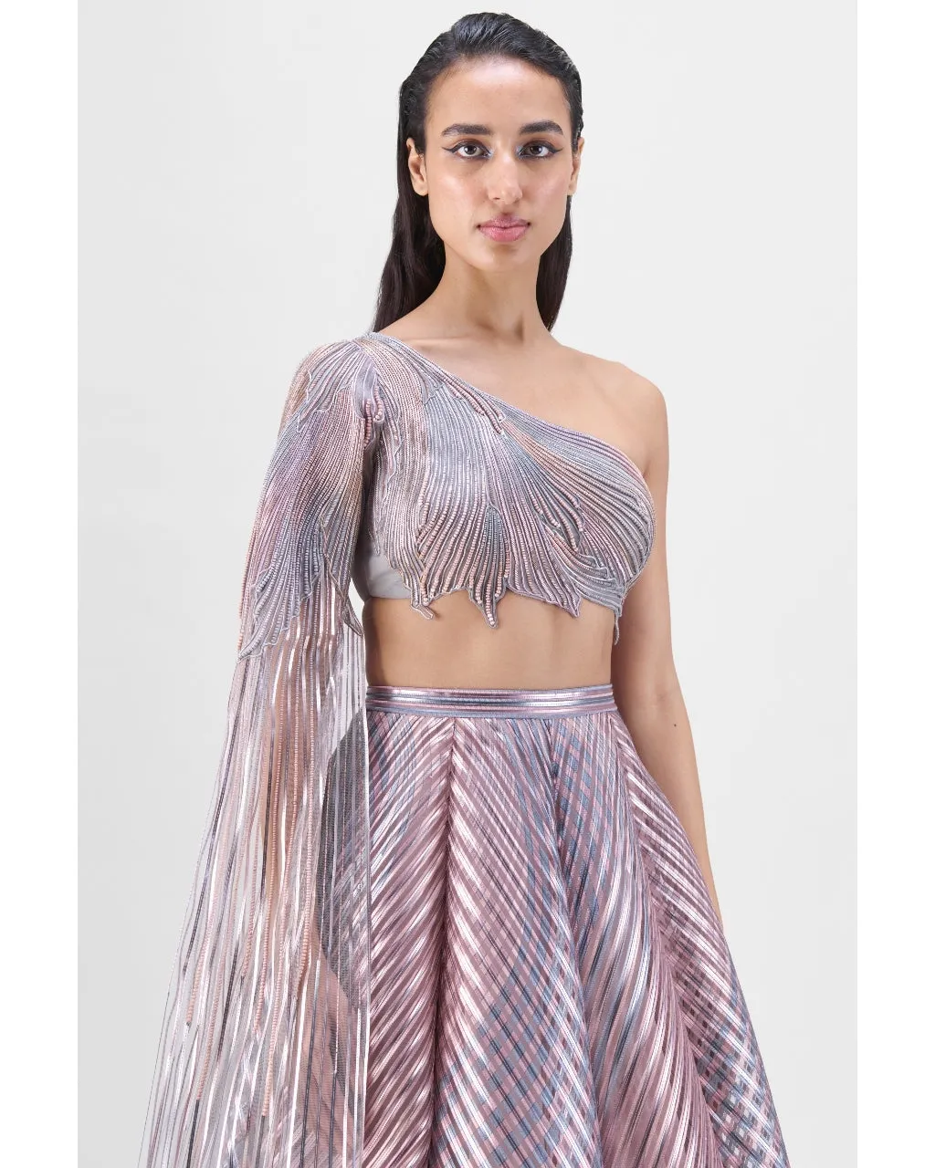 Metallic Fluted Tulle Printed Skirt And Beaded Top Set