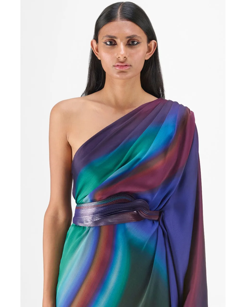 Metallic One Shoulder Watercolor Dress
