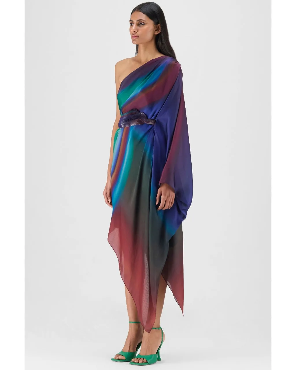 Metallic One Shoulder Watercolor Dress