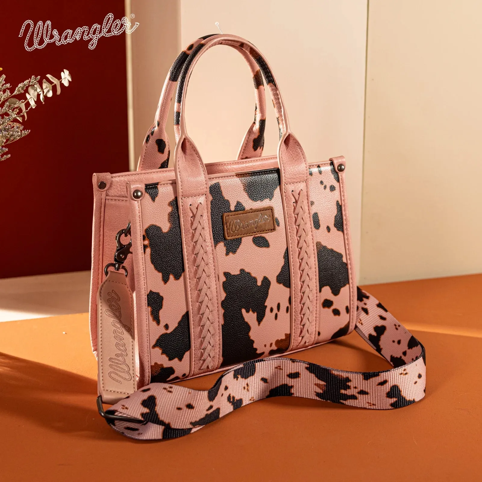 WG133-8120s Wrangler Cow Print Concealed Carry Tote/Crossbody - Pink