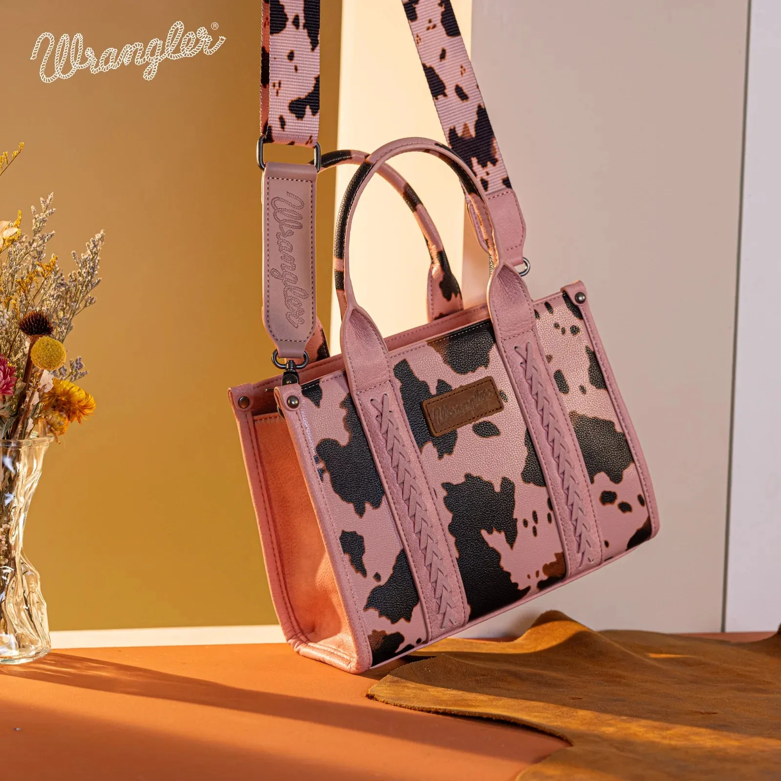 WG133-8120s Wrangler Cow Print Concealed Carry Tote/Crossbody - Pink