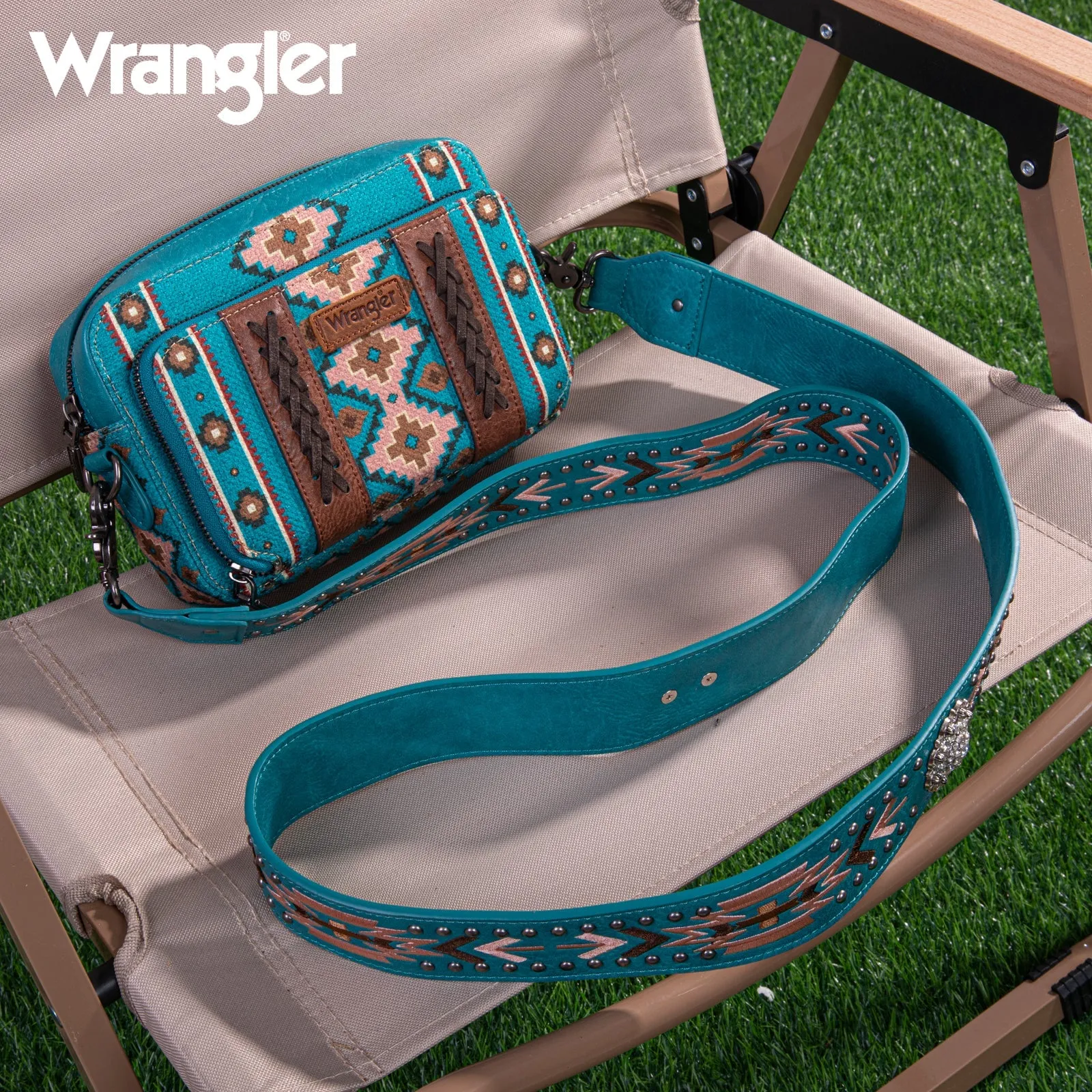 WG2207-3003 Wrangler Womens Aztec Printed Crossbody Purse With Wallet Compartment - Turquoise