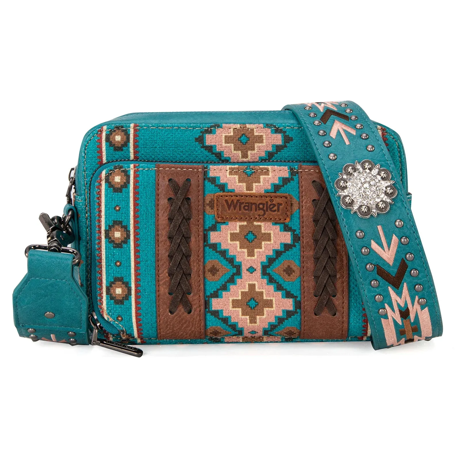 WG2207-3003 Wrangler Womens Aztec Printed Crossbody Purse With Wallet Compartment - Turquoise