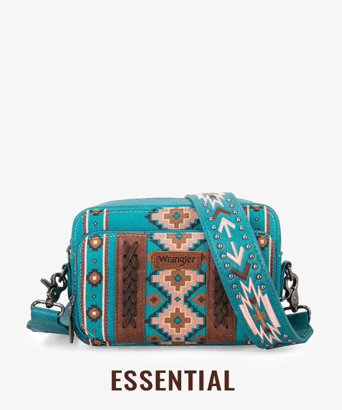 WG2207-3003 Wrangler Womens Aztec Printed Crossbody Purse With Wallet Compartment - Turquoise