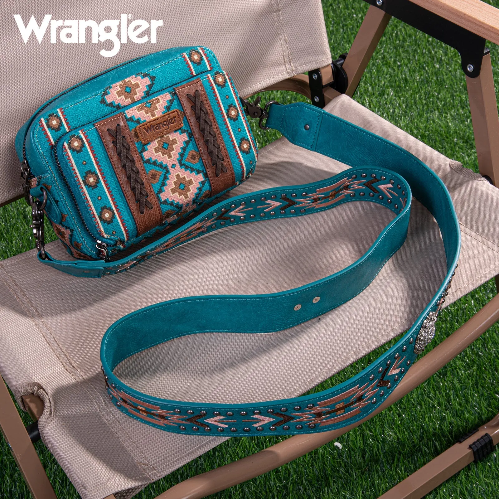 WG2207-3003 Wrangler Womens Aztec Printed Crossbody Purse With Wallet Compartment - Turquoise